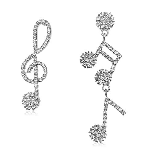 KVANU Chic Charm Elegant 925 Silver Sparkly Crystal Chain Musical Note Polished Dangle Drop Earrings for Women Girls Unique Fun Music Treble Clef Rhinestone Stud Earrings Gift Jewelry for Music Lover