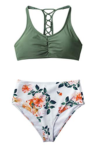 CUPSHE-Damen-Bikini-Set-Bustier-Kreuzschnuerung-High-Waist-Bademode-Zweiteiliger-Badeanzug