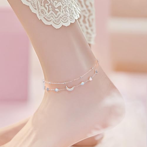 Image of Flyow Anklet for Women S925 Sterling Silver Adjustable Foot Beaded Heart Charm Ankle Bracelet Anklets Jewelry