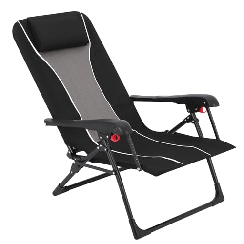 Folding Chaise Lounge Chair for Outdoor – Portable Reclining Camping Chair with Adjustable Backrest, Pillow & Breathable Fabric, Heavy-Duty 330 LBS Capacity, Sun Lounger for Beach, Patio, Garden