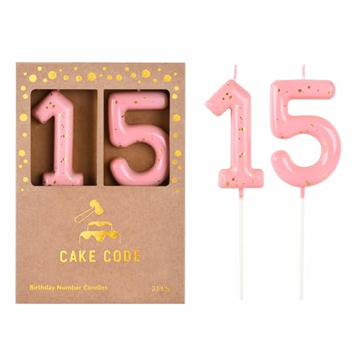 CAKE CODE 2.76 Inch Classical Pink Gold 15 Number Birthday Candles Gold & Pink Number Candles for Party Celebration