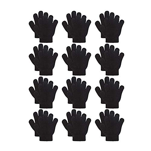 ABREOME 12 Pares de Guantes de Punto de Algodón para Niños Unisex Guantes de Dedo de Invierno, Guantes de Esquí, Guantes Mágicos (Negro) (16cm,12-14 años)