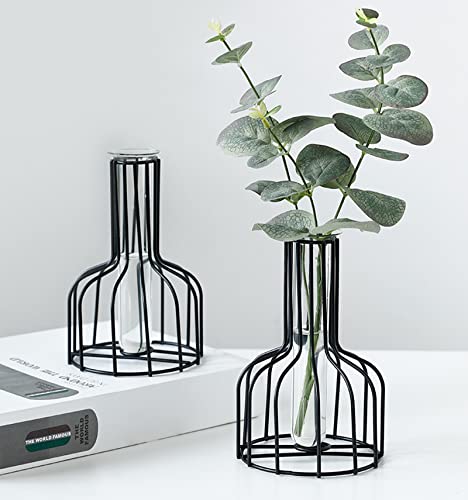 2 Stück Schwarze Blumenvase mit Metallrahmen, klares Glas, Reagenzglas,...