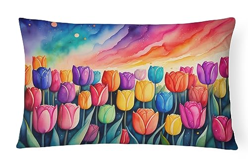 Caroline's Treasures DAC1462PW1216 Tulips in Color Fabric Decorative Pillow Machine Washable, Indoor Outdoor Decorative Pillow for Couch, Bed or Patio, 12HX16W