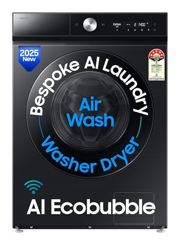 Image of Samsung 12 kg (Wash) / 7 kg (Dry), 5 Star, AI EcoBubble, AI Wash, AI Control, AI Energy Mode, Air Wash, Hygiene Steam, Wi-Fi, Fully-Automatic Front Load Washer Dryer (WD12FB8B94GBTL, Black)