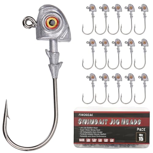 FINOSEAK 3D Eyes Bass Jig Heads for Fishing 15Pcs Finesse Swimbait Jig Head with Cone Bait Keeper Lifelike Minnow Style Jigheads Saltwater&Freshwater 1/8 3/16 1/4 3/8 1/2oz