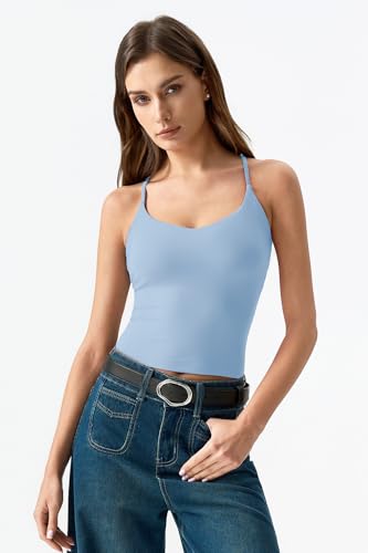Image of QINSEN Womens Cross Back Tank Top V Neck Double Lined Camisole Top Sleeveless Spaghetti Strap Going Out Tops