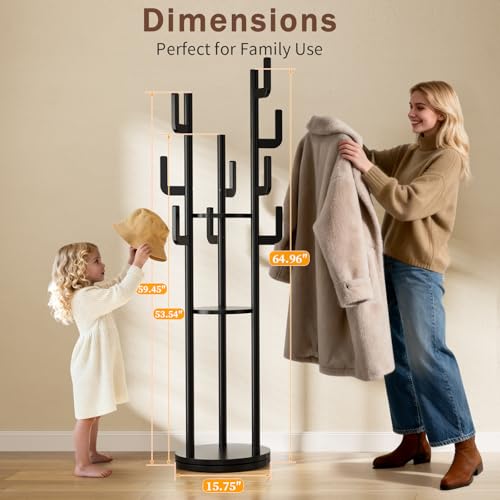 Yoobure Rotary Coat Rack Freestanding - Solid Wood Coat Tree with 9 hooks & 3 Storage Shelves for Purse, Bag, Jacket, Hat, Corner Hanger Stand Racks for Hall, Entryway, Office, Clothes Holder, Black by Yoobure - Image 3
