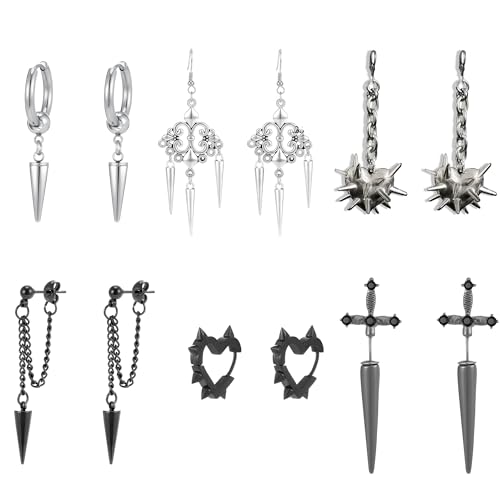Goth Earrings Set Y2K Heart Spike Black Gothic Emo Sword Rock Punk Chain Dangle Halloween Earrings for Women Men 6 Pairs