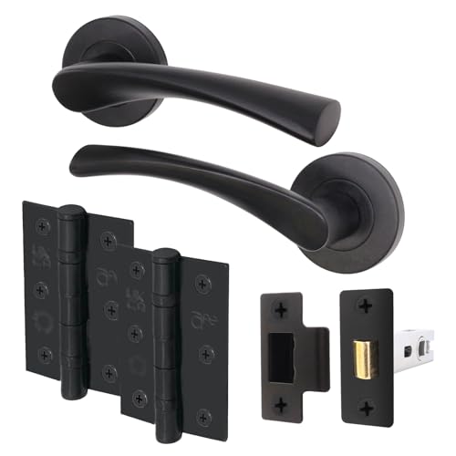EAI Black Door Handle Latch Set | Round T-Bar Internal Door Handles, Latch (64mm), Hinges (76mm) | Matt Black Lever On Rose | Novoli Range