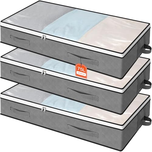 AiQInu 3 Stück Unterbett Aufbewahrungsbox 75L, Faltbare Unterbettkommode mit Sichtfenster, Kleideraufbewahrung für Kleidung Decken Bettdecken