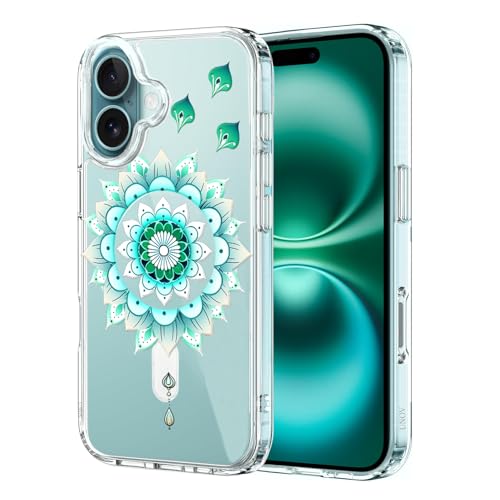 Unov Hülle Transparent Für IPhone 16 (6,1 Zoll) – Kompatibel Mit MagSafe, Stoßfest, Geprägtes Mandala-Design, Minzfarbe