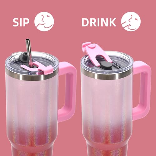 Image of 40 oz Shiny Tumbler with Handle and Straw,Stainless Steel Tumbler with Lid and Straw,Insulated Travel Mug(Cold for 34 Hours),Water Bottle for Iced Tea,Coffee (Red)