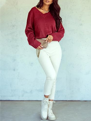 Image of Womens Loose Sweaters Sexy V Neck Long Sleeve Solid Knitted Jumper Pullover Sweatshirt Tops