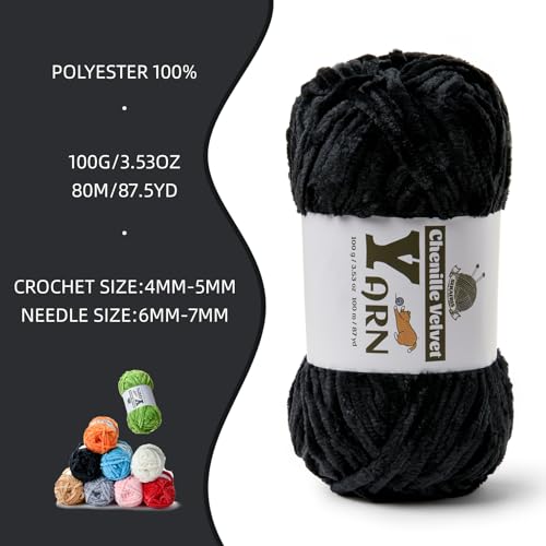 Image of 2 Pack Plush Chenille Chunky Yarn - Fluffy Velvet Yarns Crochet for Blanket Knitting and Crocheting - Soft Baby Yarn for Crocheting - Amigurumi Crochet Yarns 100g (87yds) (2 Black)