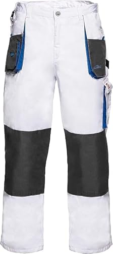Work Trousers Combat Style Multi Pocket Heavy Duty Pants White with Blue Inserts Painter's Trousers (28-30 INCH (46 EU), White)