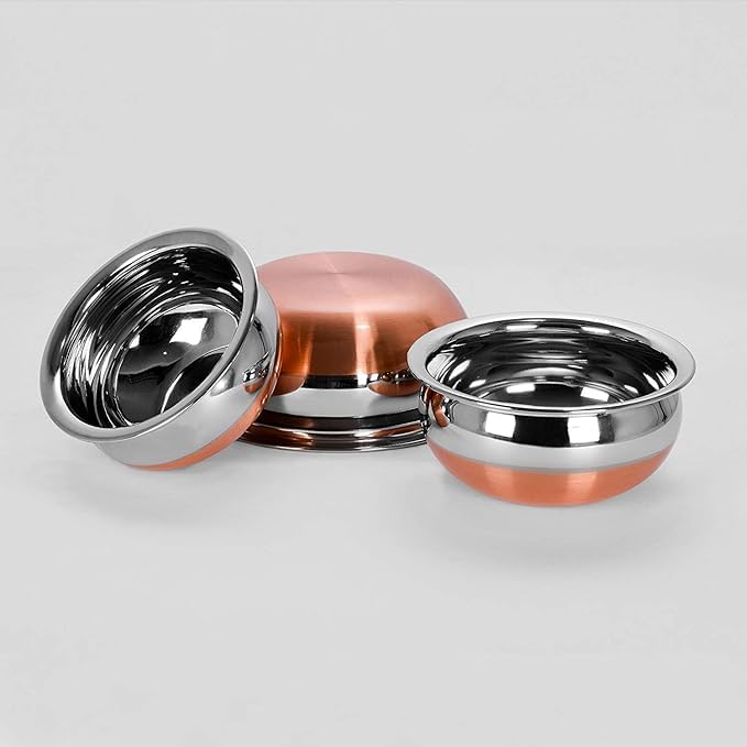 Image of 3pcs Stainless Steel Copper Bottom Kitchen Serving,Traditional Indian Cook,Biryani Handi for Restaurant Cookware Set Ideal for Dal & Gravy & Dining Serveware (3 pcs)