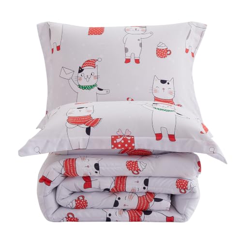 Image of Yibeizi Kids Christmas Bed Comforter Set Full Cute Cat Printed Xmas Bedding