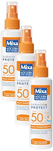 Spray solaire Mixa SPF50+ protège la peau fragile des enfants contre le sable et les UVA