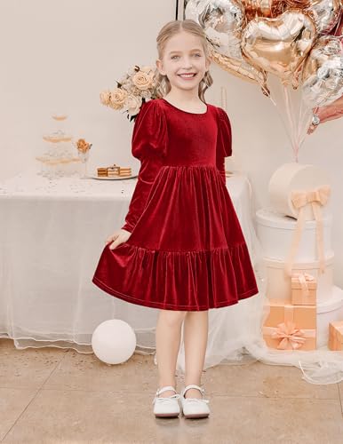 Arshiner Toddler Velvet Dress Girls Puff Long Sleeves Crew Neck Party Fall Winter Ruffle Dresses with Pockets 2-8Y3