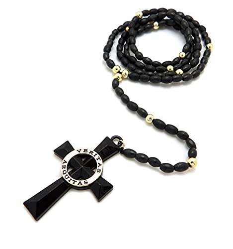 Veritas Aequitas Cross Boondock Saints Pendant 5mm/30" Wooden Bead Rosary Necklace RC4359 (Black/Gold)4
