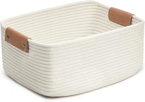 Image of ☆LBY Rectangle Cotton Rope Woven Basket with Handles for Books, Magazines, Toys - Ideal Gift Decorative Basket for Baby Nursery, Living Room (white, medium 12 x 8 x 5 inch)