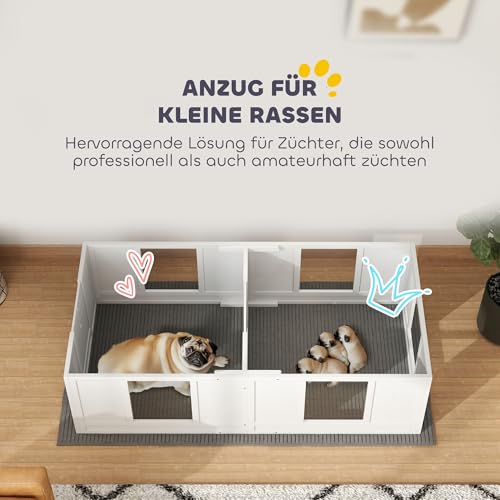 PawHut Wurfkiste für Welpen, Wurfbox Welpenlaufstall mit 2 Raum, Hundelaufstall mit Tür Welpenauslauf für kleine Hunde, 164x80x48 cm, Weiß