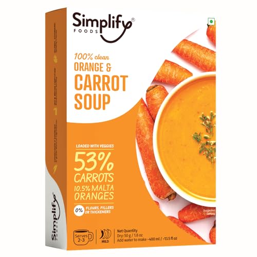 Image of Simplify Foods Carrot & Orange Instant Soup | Made with 53% Real Carrots & 10.5% Orange Pulp | Pack of 1 (Makes 400ml) | Just Add Hot Water | No Cooking Required | Clean Label | 0% Additives or Preservatives