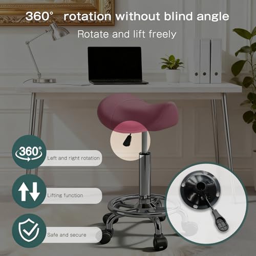 Image of Saddle Stool with Wheels, Adjustable Rolling Stool Chair with Back Support, Ergonomic PU Leather Saddle Chair for Salon, Massage, Tattoo, Medical, Spa, Office (Pink, 1PCS)