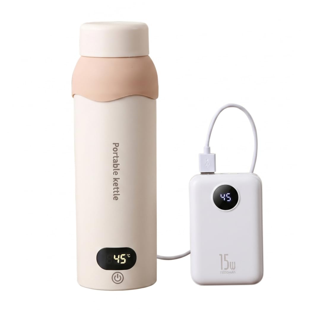 bollitore elettrico da viaggio, bollitore elettrico portatile, 500 ml da viaggio con 6 impostazioni di temperatura, doppia alimentazione USB-C/220 V, 12 ore di mantenimento in caldo, acciaio inossida