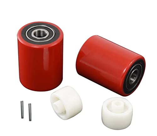 Image of Pallet Jack /Truck Load Wheels Set (2 pcs) 3 inch x 3.75 inch with Bearings ID 20mm Poly Tread Red