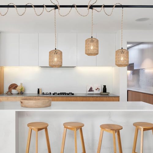 Image of 3 Lights Plug in Pendant Light with Cord On /Off Switch Rattan Hanging Lamp with 22ft Hand Woven Wicker Plug in Chandelier Boho Hanging Lights Fixture for Bedroom Kitchen Hallway Foyer