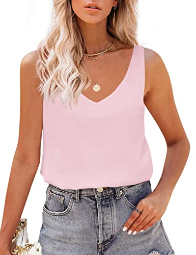 Image of Satin Tank Tops for Women Loose Fit Sleeveless V Neck Cami Camisole Blouses Shirt Top