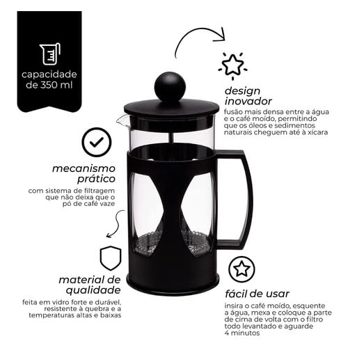 Cafeteira Prensa Francesa, Com Haste e Alça, Resistente, Suporta Altas e Baixas Temperaturas (-20 °C