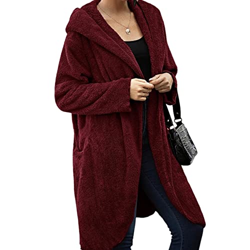 Jaqueta feminina de manga comprida com lapela de lã felpuda, cardigã com capuz e frente aberta, pres