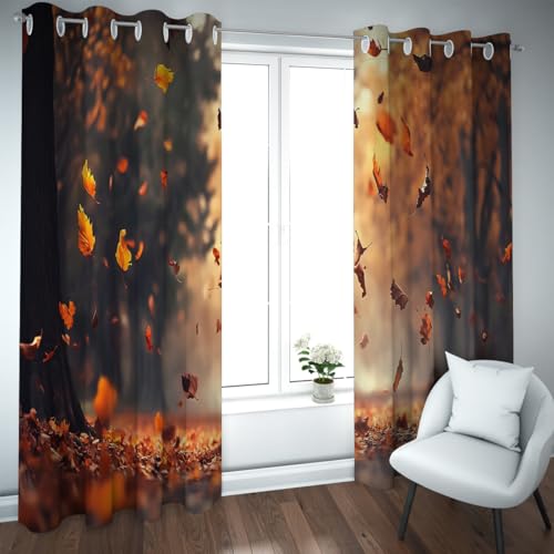UIRINGART Aesthetic Design Blackout Curtains for Bedroom Autumn Forest Avenue Yellow Leaves Pattern Energy Saving Window Drapes 2 Panels B140xH280cm