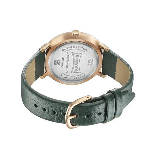 Image of Sonata Sleek Green Dial Leather Strap Analog Watch for Women-8191WL01
