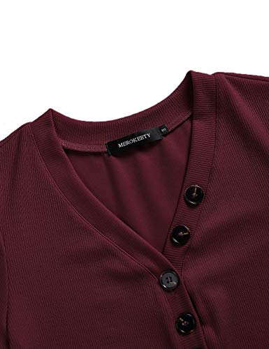 MEROKEETY Women's Short Sleeve V Neck Ribbed Button Tops Basic Solid Color Tee Shirts - Image 6