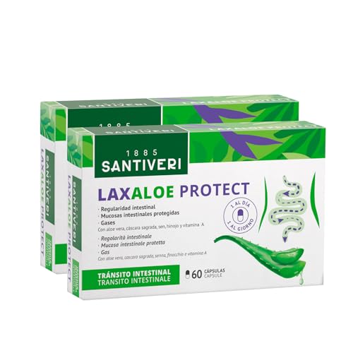 SANTIVERI - LaxAloe Protect, Complemento Alimenticio a Base de Cáscara Sagrada, Sen, Hinojo, Aloe y Vitamina A, que Ayudan a Mantener la Regularidad Intestinal - Pack de 2 x 60 Cápsulas