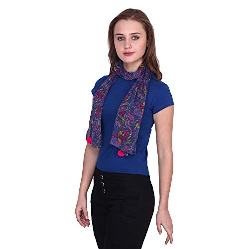 Image of POPWINGS Casual Yellow Printed Chiffon Scarf with pom-pom work