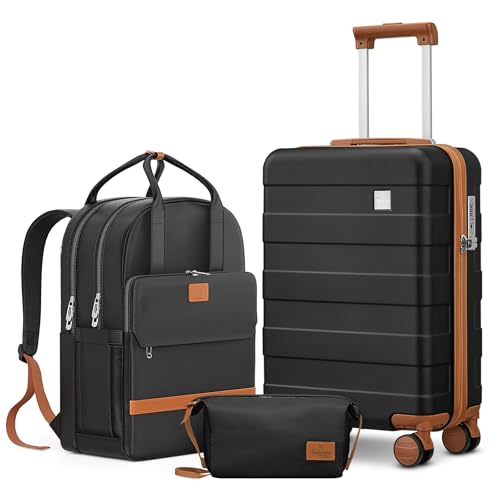 Image of imiomo Hard Shell 20 Inch Carry on Luggage 3 Piece Set with Travel Backpack, Lightweight Hardside Carry-On Suitcase with Spinner Wheels and TSA Lock, Black