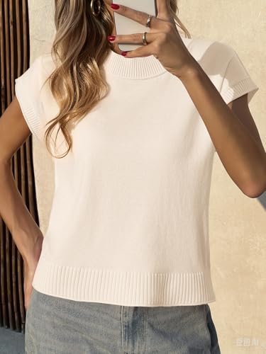 Image of Saodimallsu Womens Cap Short Sleeve Sweater Vest Summer Casual Crew Neck Loose Knit Lightweight Pullover Tank Tops