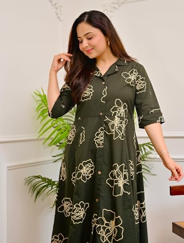 Image of Women's Floral Print Midi Dress, Rayon, A-Line Fit and Flare, Shirt Collar, Half Sleeves, Casual Wear