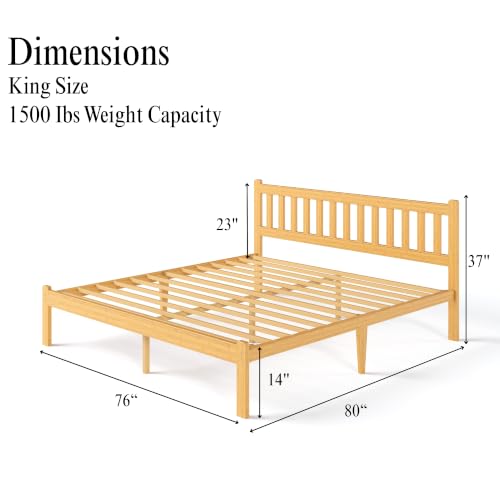 Image of ZIYOO King 14 in High Bamboo Bed Frame with Headboard, No Box Spring Needed, Metal Slat Support, Easy Assembly