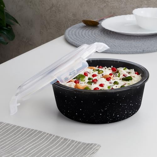 Borosil 620 ml Pebble Black Food Storage Container with Air Tight Lid | Round Shape Borosilicate Glass Organiser | Microwave & Dishwasher Safe | For Fridge, Kitchen Storage