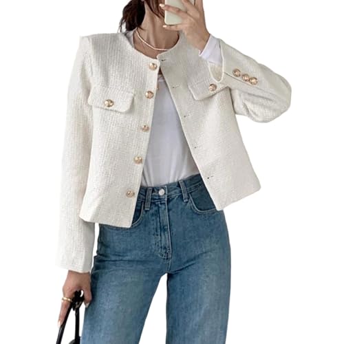 Blazer en tweed pour femme veste de tailleur chic col rond automne