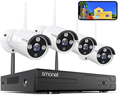 [3MP HD,Audio] SMONET WiFi Security Camera System,NO Hard Drive,8CH Home Surveillance DVR Kits,4 Packs Outdoor Indoor IP Cameras Set,IP66 Waterproof,Free Phone APP,Night Vision,24/7 Video Recording
