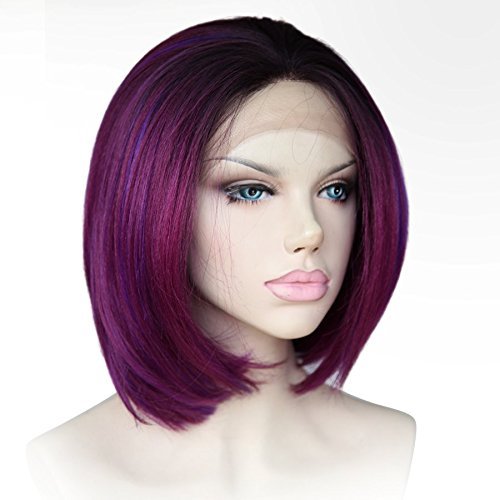 Cbwigs Soft Ombre Purple Short Bob Straight Synthetic Lace Front Wigs Heat Resistant Cosplay Daily Costumes Party Wig (8inch)