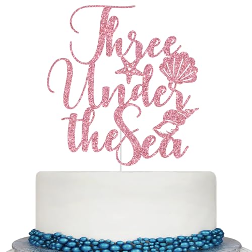 Three Under the Sea Cake Topper, Baby 3rd Birthday Cake Decor, Sea Themed 3rd Birthday Party Decorations Supplies, Pink Glitter