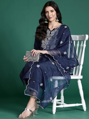 Image of INDO ERA Women's Silk Blend Embroidered Straight Kurta Pant With Dupatta Set